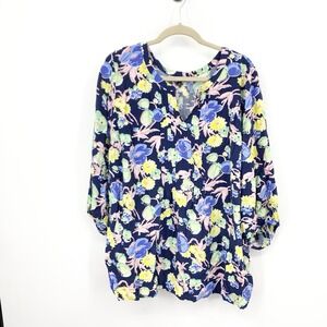 Talbots Plus Women Size 3X Shirt Popover 3/4 Sleeve Blouse Blue Pink Floral Top